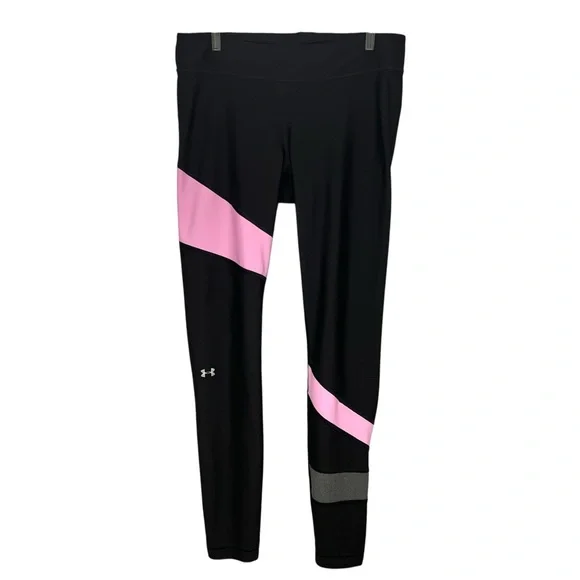Under Armour Heat Gear Compression Black Pink Gray Color Block Athletic Leggings - Picture 2 of 7